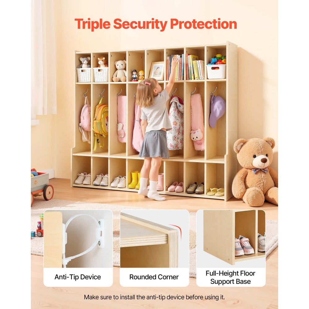 VEVOR 8-Section Kids Coat Locker, Wooden Toddler Cubby Storage Organizer with 16 Hooks & Anti-Tip Kit, Modern Kid Coat Cubbies with 16 Small Open Storage Boxes for Home, Kindergarten, Daycare, Natural
