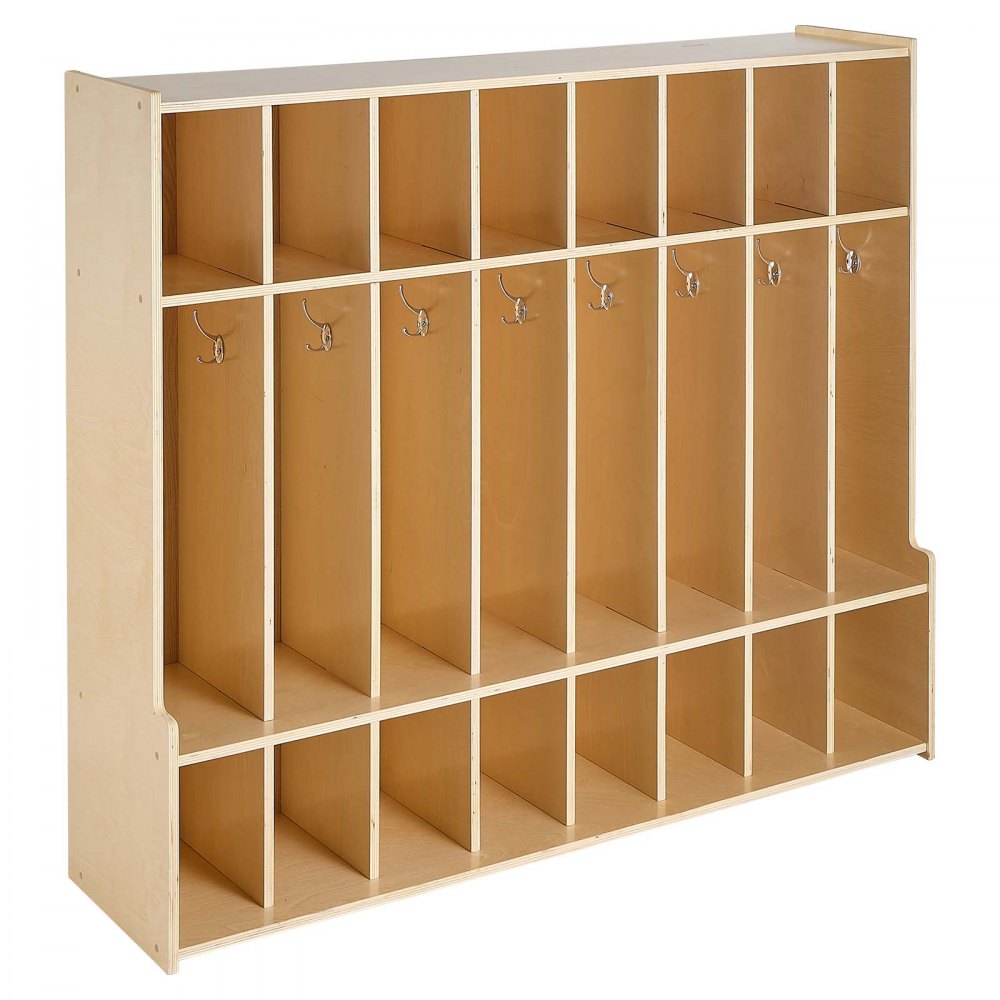 VEVOR 8-Section Kids Coat Locker, Wooden Toddler Cubby Storage Organizer with 16 Hooks & Anti-Tip Kit, Modern Kid Coat Cubbies with 16 Small Open Storage Boxes for Home, Kindergarten, Daycare, Natural