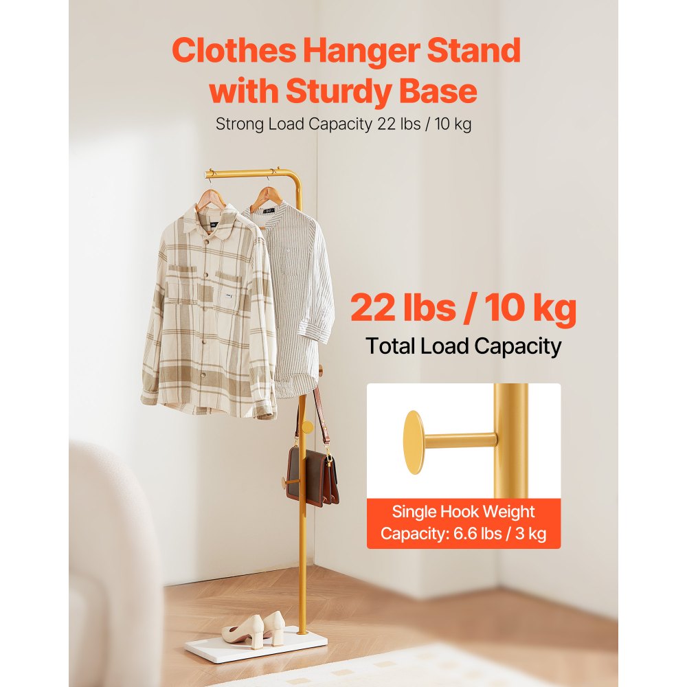 VEVOR Garderobenständer, 450 x 250 x 1700 mm, Kleiderständer mit Quarzsteinsockel und 3 runden Haken, Jackenständer für Eingangsbereich, Wohnzimmer, Haltestange für Mäntel, Hüte, Taschen