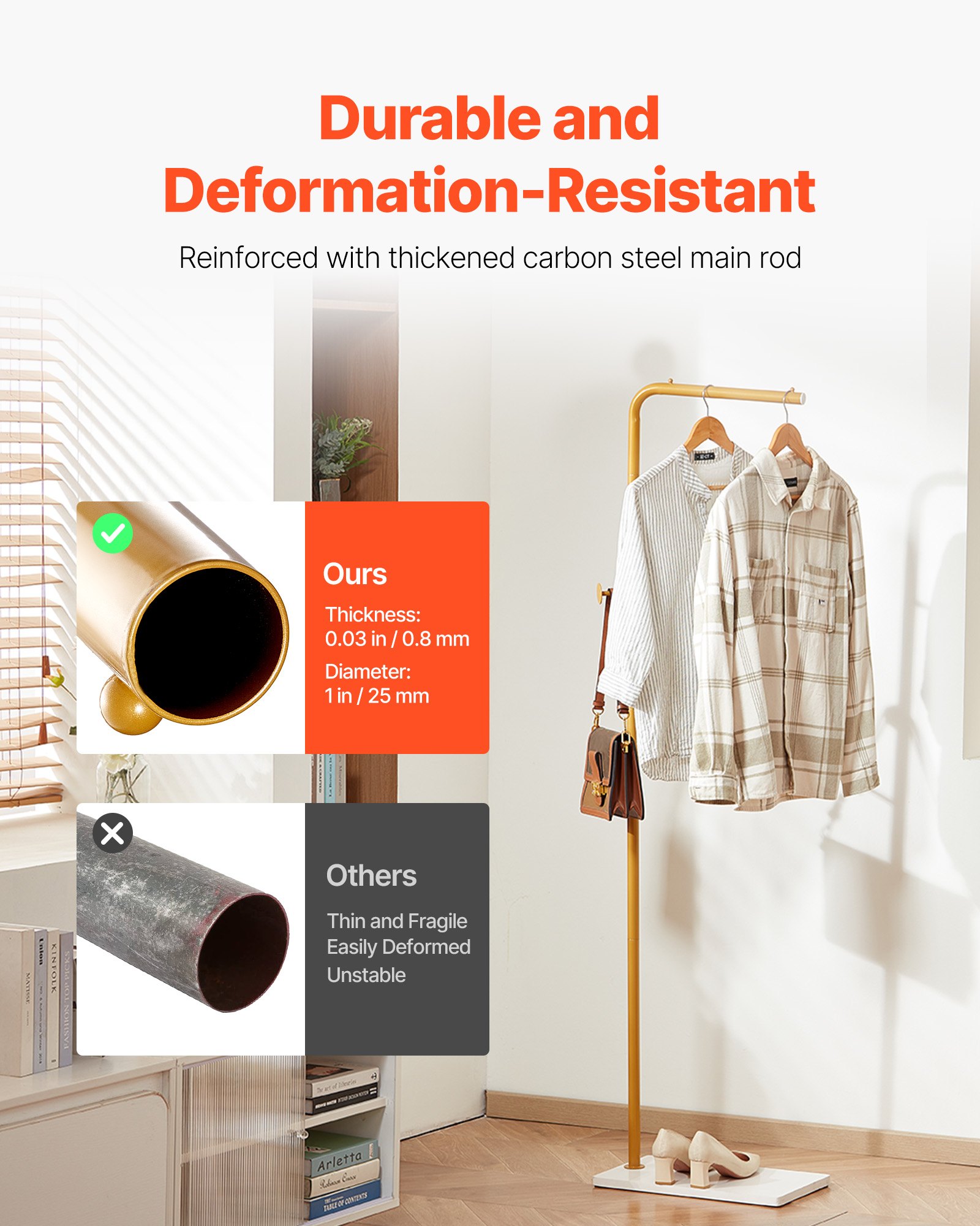 VEVOR Garderobenständer, 450 x 250 x 1700 mm, Kleiderständer mit Quarzsteinsockel und 3 runden Haken, Jackenständer für Eingangsbereich, Wohnzimmer, Haltestange für Mäntel, Hüte, Taschen