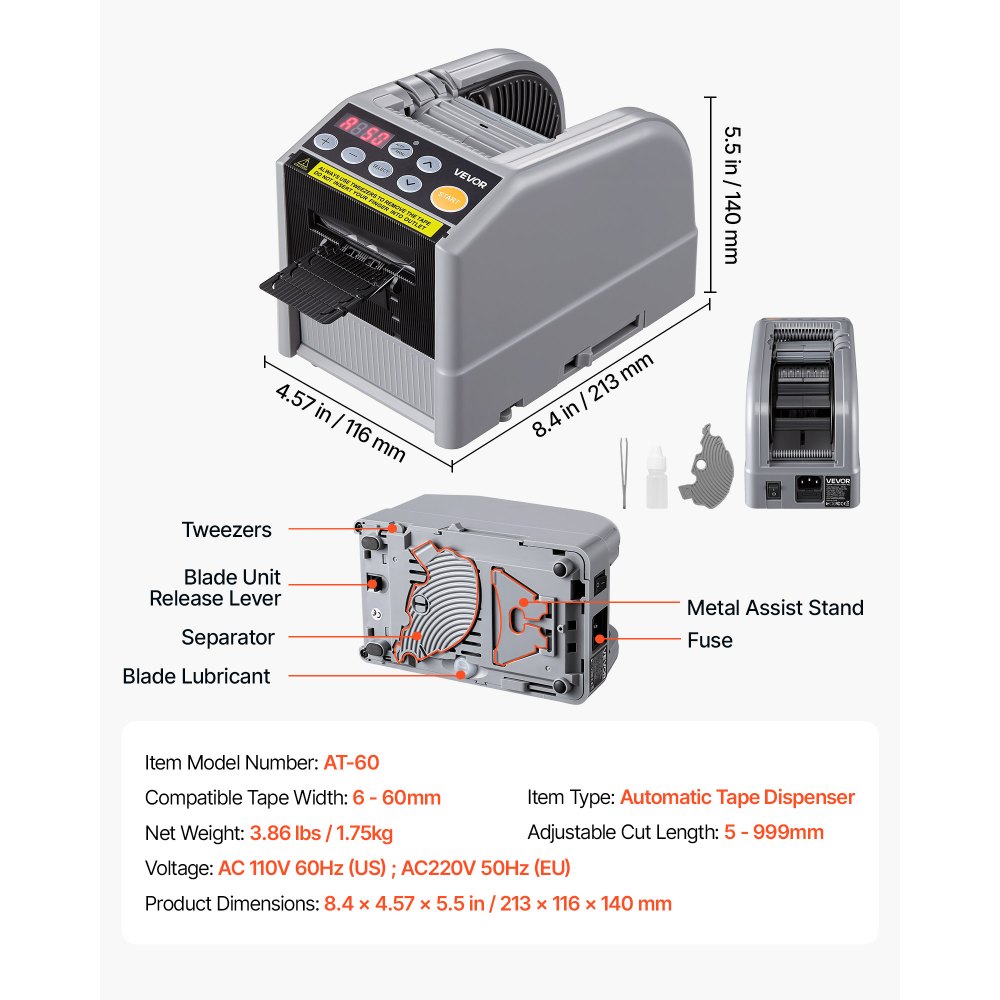 VEVOR Automatischer Klebebandspender mit 5-999mm Einstellbare Schnittlänge, Elektrischer Klebebandschneider für Verpackung Lagerung, 6-60mm Bandbreite, Geeignet für Bänder & Schleifen, Tastensteuerung
