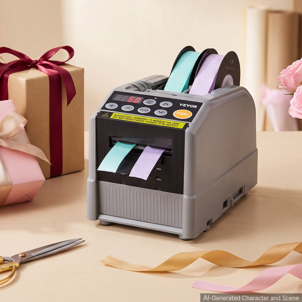 VEVOR Automatischer Klebebandspender mit 5-999mm Einstellbare Schnittlänge, Elektrischer Klebebandschneider für Verpackung Lagerung, 6-60mm Bandbreite, Geeignet für Bänder & Schleifen, Tastensteuerung