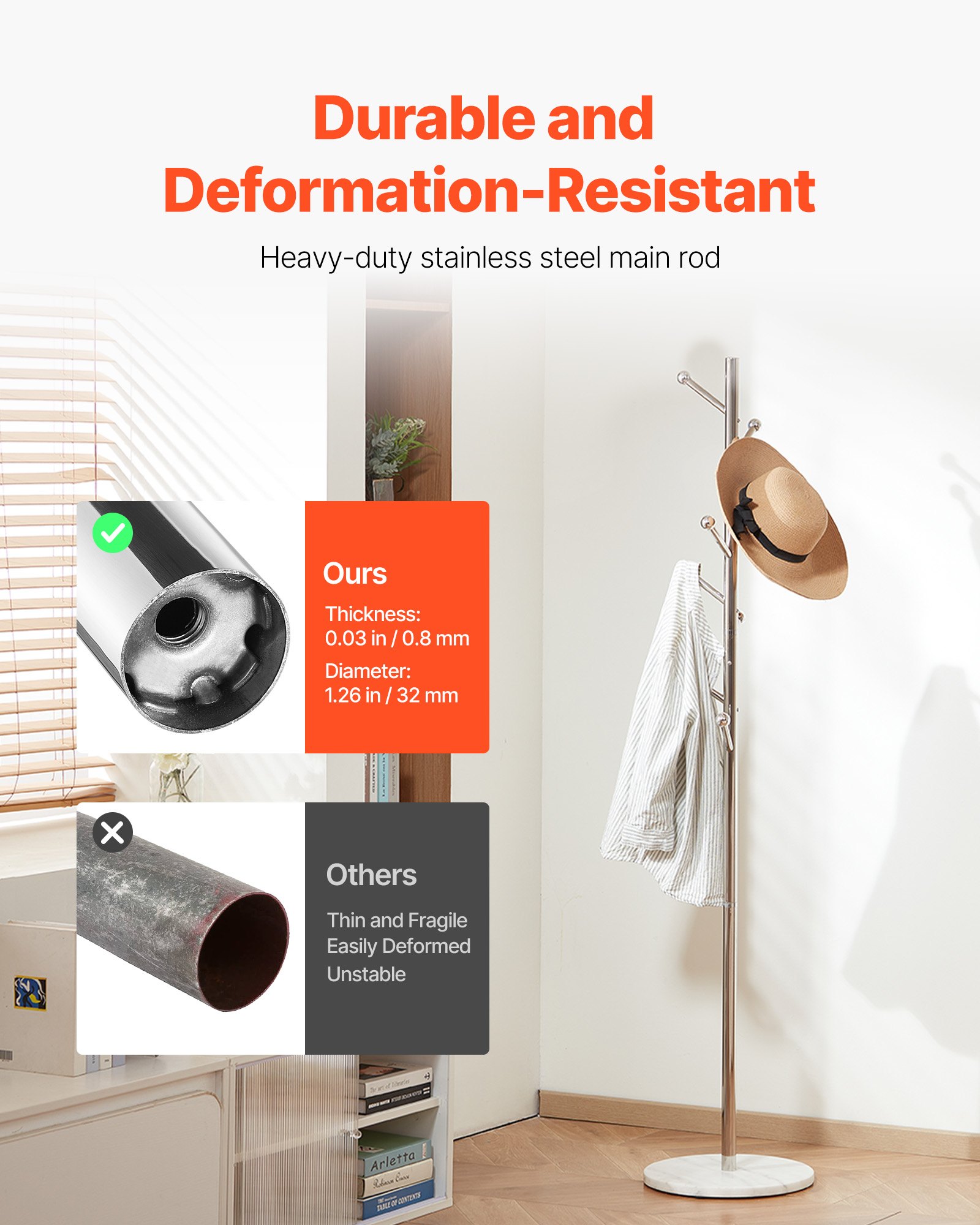 VEVOR Garderobenständer, 370x370x1730 mm, Kleiderständer mit stabilem Marmorsockel & 8 Haken, Jackenständer Baumform für Eingangsbereich, Büro, Wohnzimmer, Kleiderstange für Mäntel, Hüte