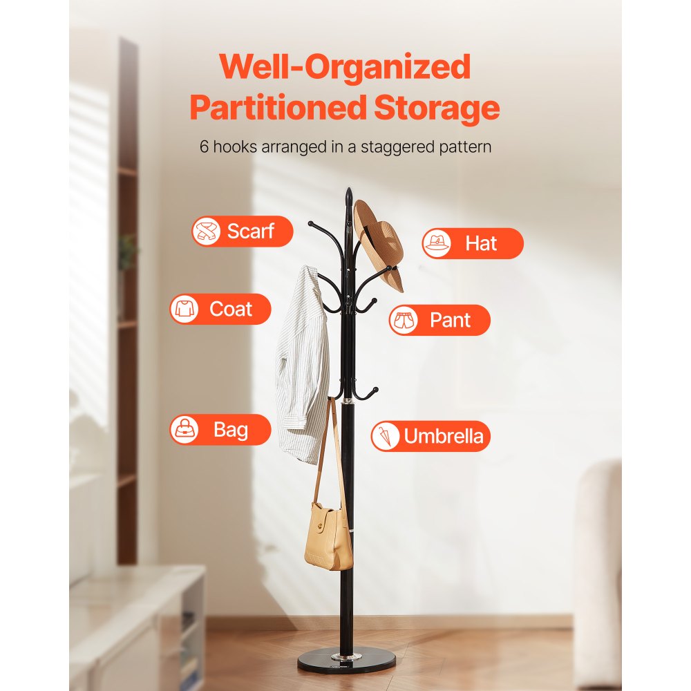 VEVOR Coat Rack Freestanding, Coats Tree Stand with Stable Marble Base & 6 Hooks, Free Standing Hall Coat Rack for Entryway, Bedroom, Office, Living Room, Modern Clothes Hanger for Coats, Hats, Bags