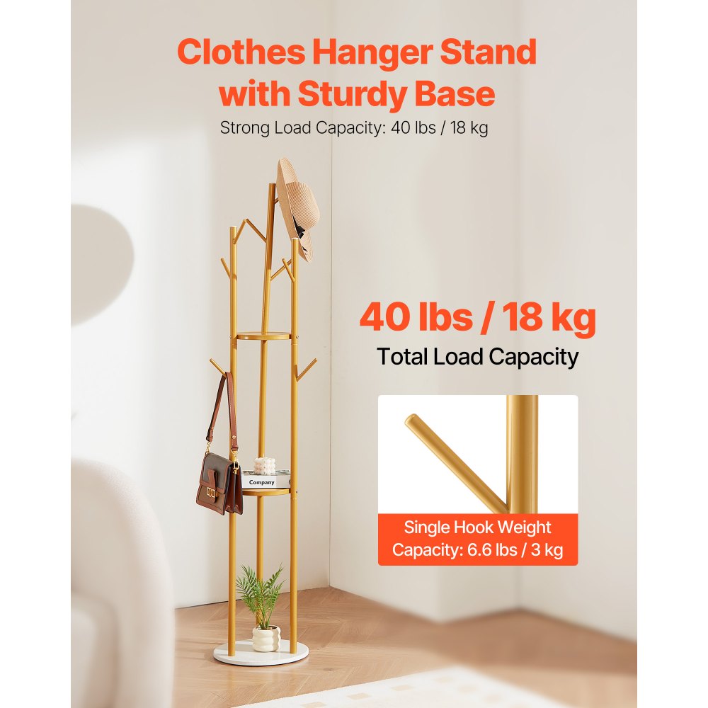 VEVOR Garderobenständer 340x340x1700 mm, Kleiderständer mit Quarzsteinsockel & 9 Haken, Jackenständer Baumform für Eingangsbereich, Büro, Wohnzimmer, Kleiderbügel für Mantel, Hut, Schal, Tasche