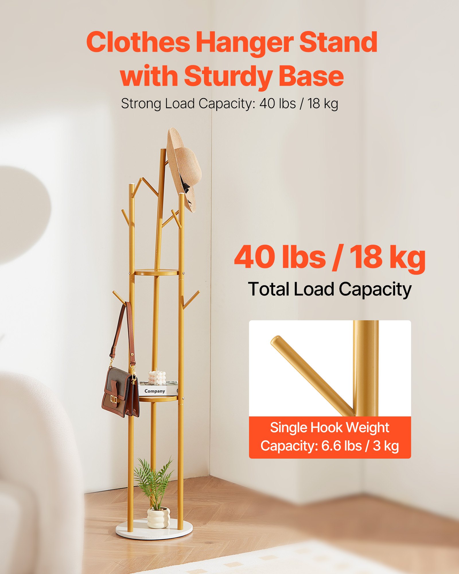 VEVOR Garderobenständer 340x340x1700 mm, Kleiderständer mit Quarzsteinsockel & 9 Haken, Jackenständer Baumform für Eingangsbereich, Büro, Wohnzimmer, Kleiderbügel für Mantel, Hut, Schal, Tasche