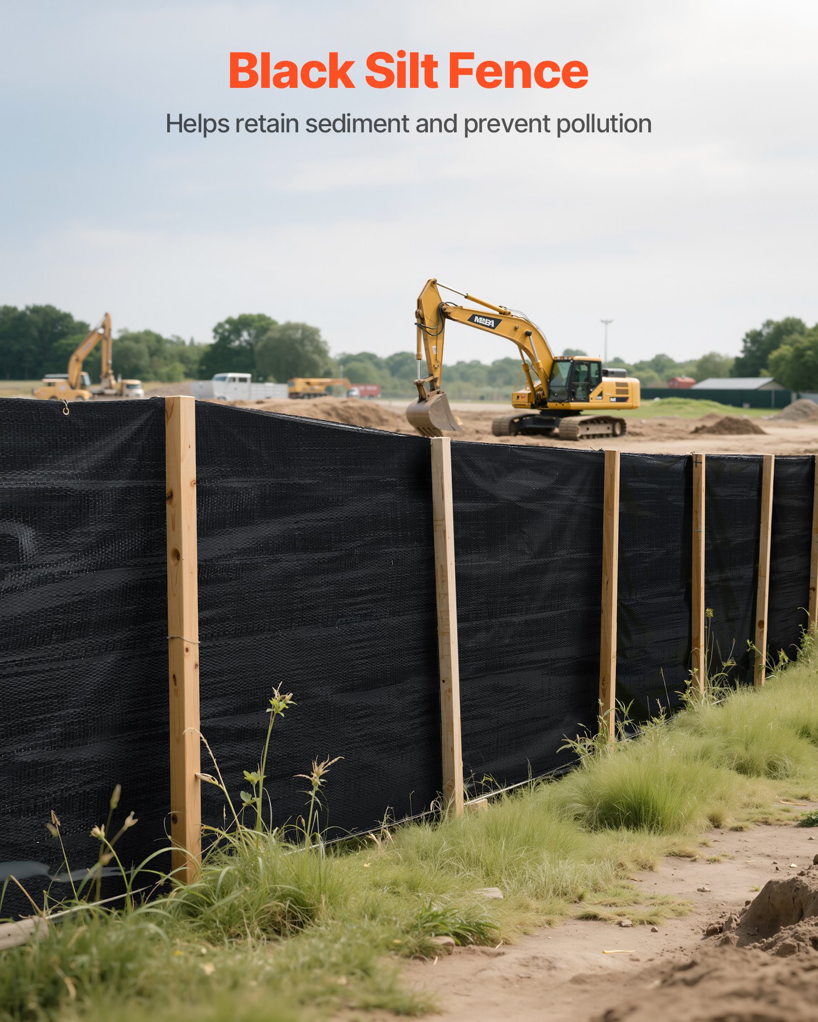 VEVOR Baustellenzaun, 0,91x152,4 m Erosionsschutzzaun, Schlammzaun ausrobustem Polypropylengewebe in Industriequalität zur Sedimentrückhaltung, temporäres Gewebe für Baustellen