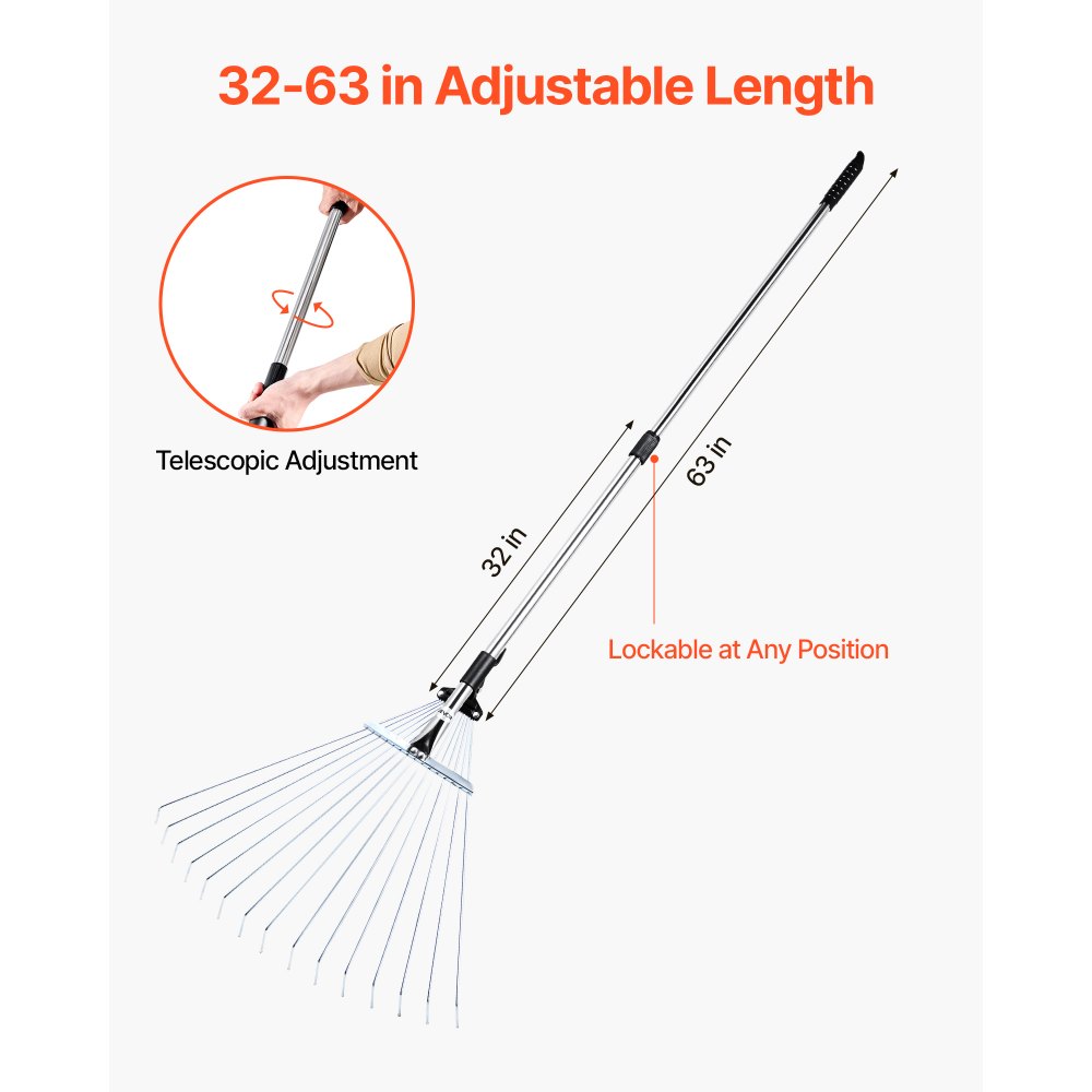 VEVOR Laubrechen, 15 Zinken, Gartenrechen für Rasen mit 570 mm breitem Kopf & 81–160 cm verstellbarer Stange, Fächerbesen zum Entfernen kleiner Blätter für Gartenarbeit, Camping, Hof, Gras