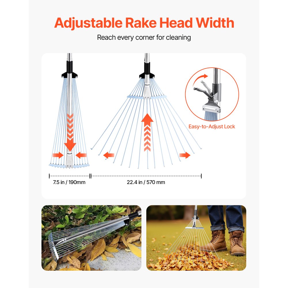 VEVOR Leaf Rake, 15 Metal Tines, Adjustable Garden Rake for Lawns with 19-57 cm Wide Head and 81.3-160 cm Long Handle, Heavy Duty Stainless Steel Small Leaves Tool for Gardening Camping Yard Grass