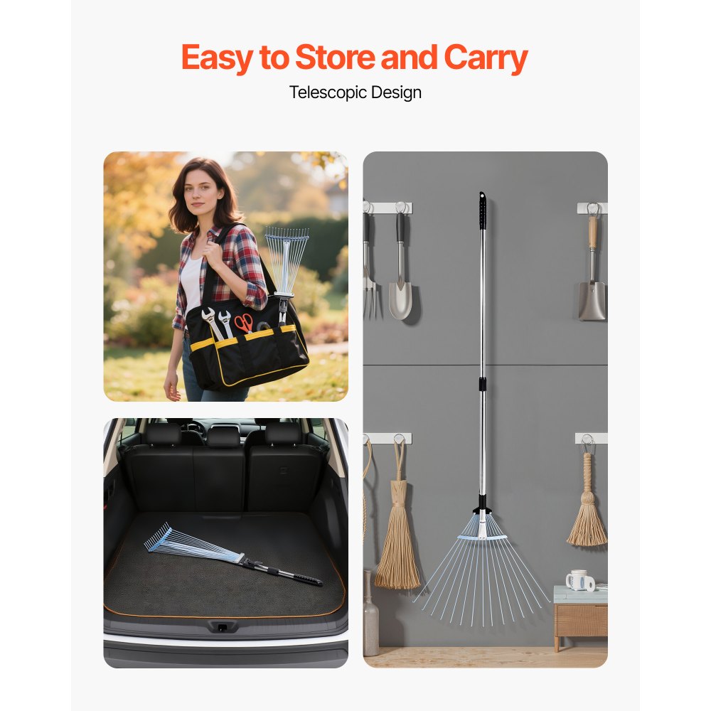 VEVOR Leaf Rake, 15 Metal Tines, Adjustable Garden Rake for Lawns with 19-57 cm Wide Head and 81.3-160 cm Long Handle, Heavy Duty Stainless Steel Small Leaves Tool for Gardening Camping Yard Grass