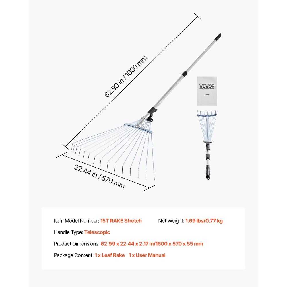 VEVOR Leaf Rake, 15 Metal Tines, Adjustable Garden Rake for Lawns with 19-57 cm Wide Head and 81.3-160 cm Long Handle, Heavy Duty Stainless Steel Small Leaves Tool for Gardening Camping Yard Grass