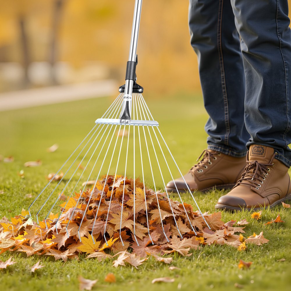 VEVOR Leaf Rake, 15 Metal Tines, Adjustable Garden Rake for Lawns with 19-57 cm Wide Head and 81.3-160 cm Long Handle, Heavy Duty Stainless Steel Small Leaves Tool for Gardening Camping Yard Grass
