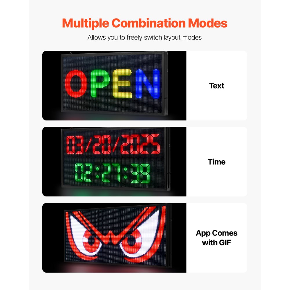VEVOR programmierbare LED Zeichen P10 Vollfarbe flexibles digitales Scrolling Panel, DIY Anzeigetafel mit benutzerdefiniertem Textmuster und GIF & Bluetooth App Steuerung (670 x 350 x 55 mm)