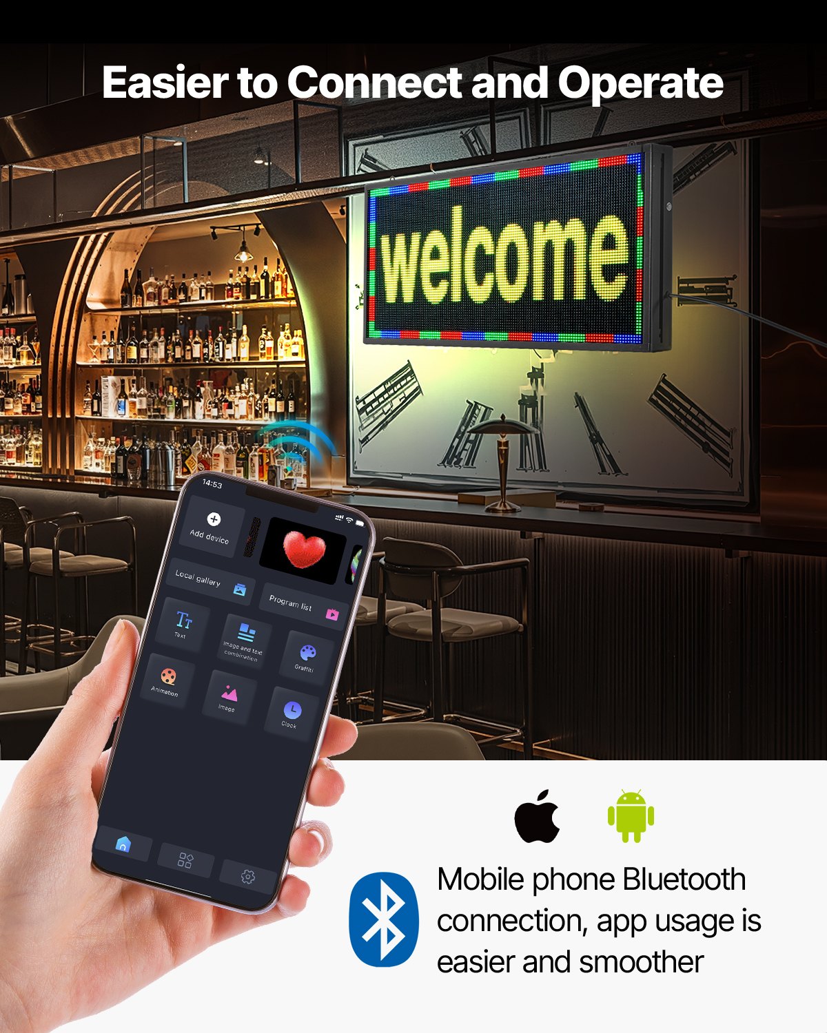 VEVOR programmierbare LED Zeichen P10 Vollfarbe flexibles digitales Scrolling Panel, DIY Anzeigetafel mit benutzerdefiniertem Textmuster und GIF & Bluetooth App Steuerung (670 x 350 x 55 mm)