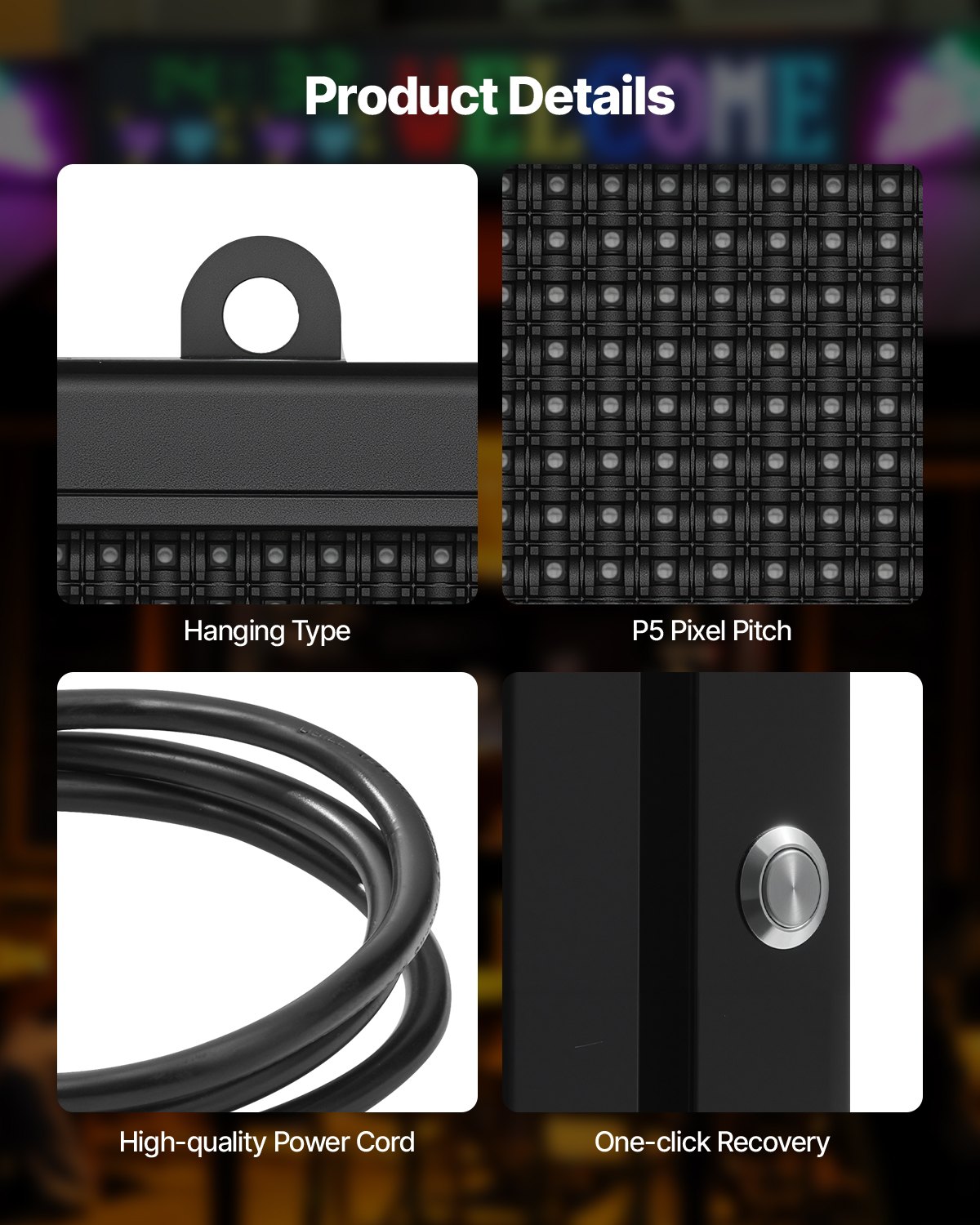 VEVOR programmierbare LED Zeichen P10 Vollfarbe flexibles digitales Scrolling Panel, DIY Anzeigetafel mit benutzerdefiniertem Textmuster und GIF & Bluetooth App Steuerung (670 x 350 x 55 mm)