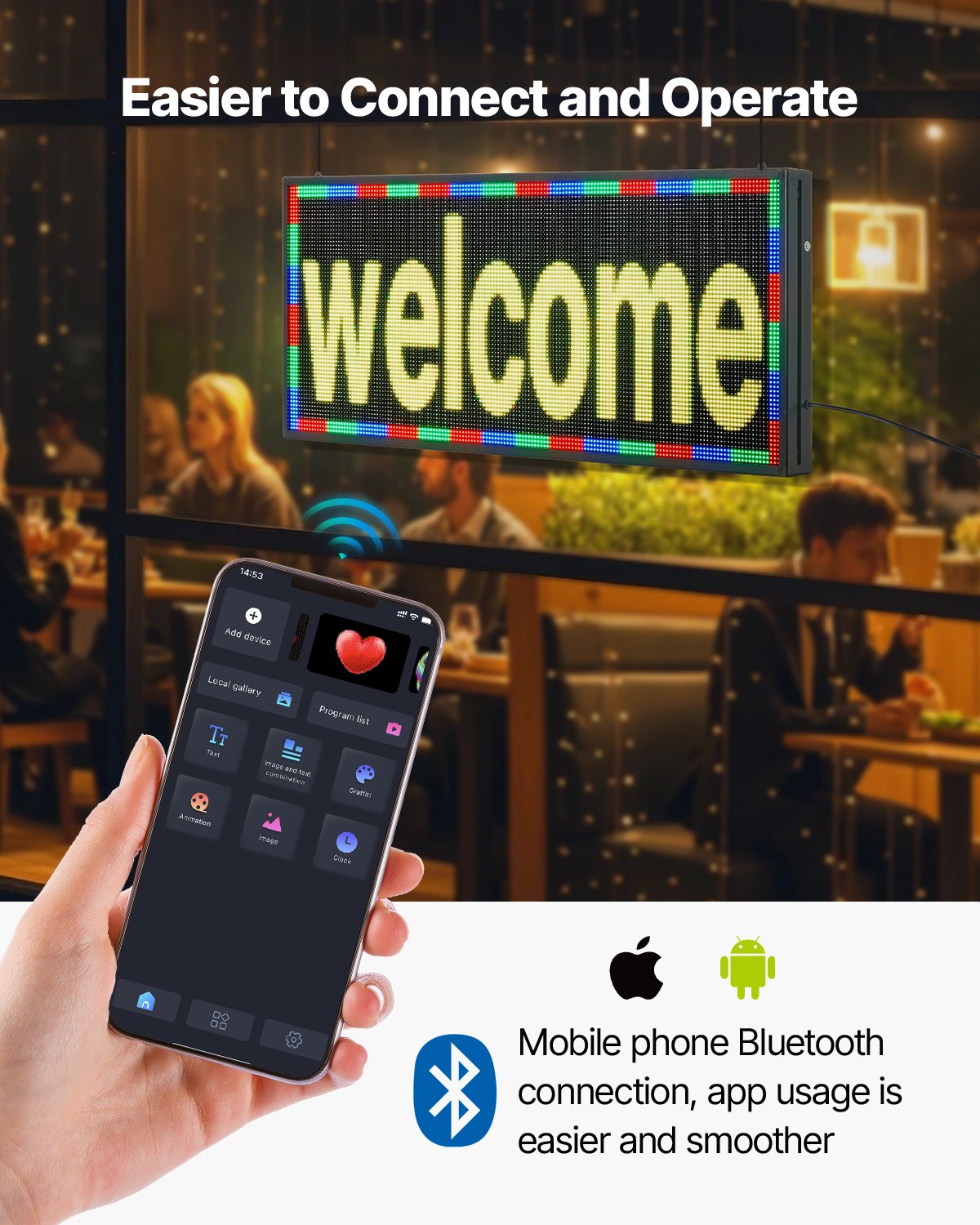 VEVOR programmierbare LED Zeichen P6 Vollfarbe flexibles digitales Scrolling Panel, DIY Anzeigetafel mit benutzerdefiniertem Textmuster und GIF & Bluetooth App Steuerung Laufschrift (990 x 412 mm)