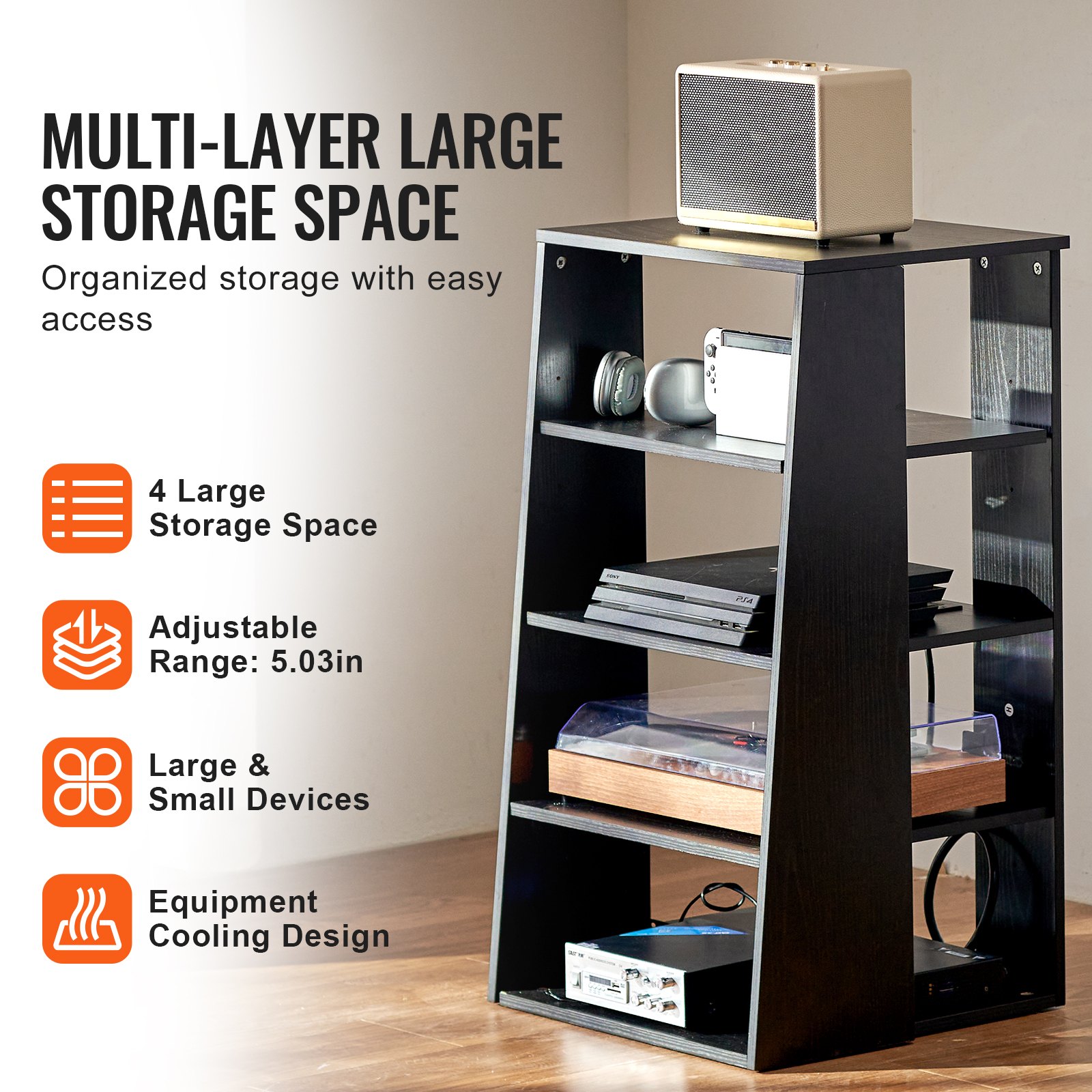 VEVOR 5-stufiger Medienständer, Medienständer für DVD-Player/Kabelboxen/Spielekonsolen, Audio Komponentenschrank, StereoKomponenten Rackschrank, höhenverstellbarer Medienaufbewahrungsschrank