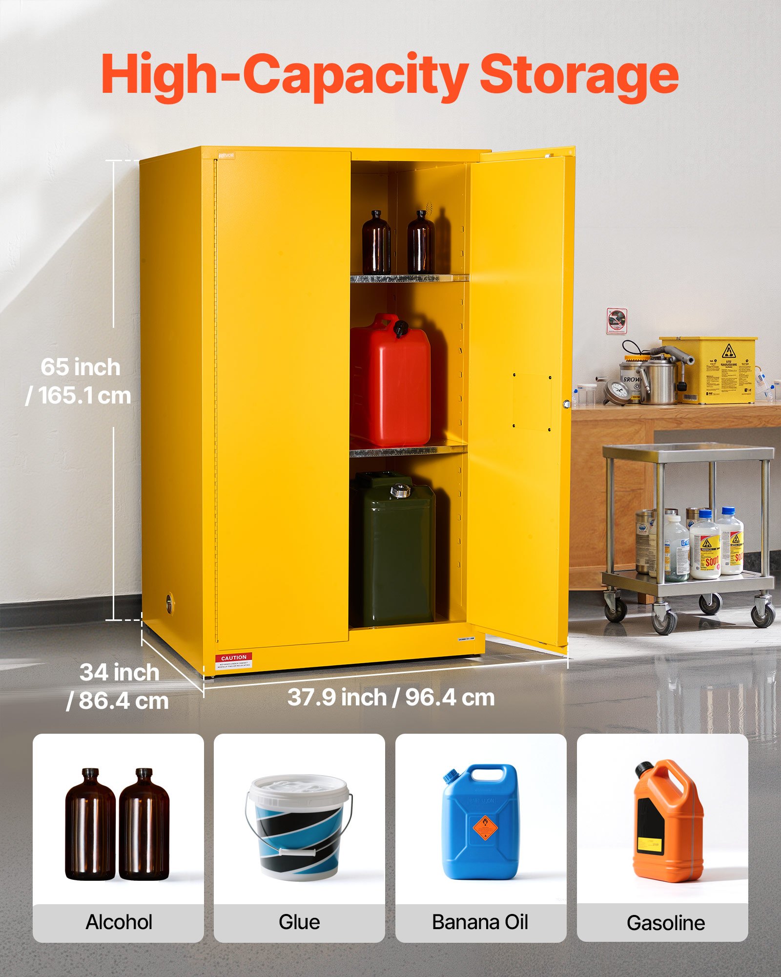 VEVOR Flammable Cabinet, 96.4 x 86.4 x 165.1 cm, 65 Gallon Flammable Storage Cabinet with Adjustable Shelf, Cold-Rolled and Galvanized Steel Fire Cabinets, for Commercial Industrial Home Use, Yellow