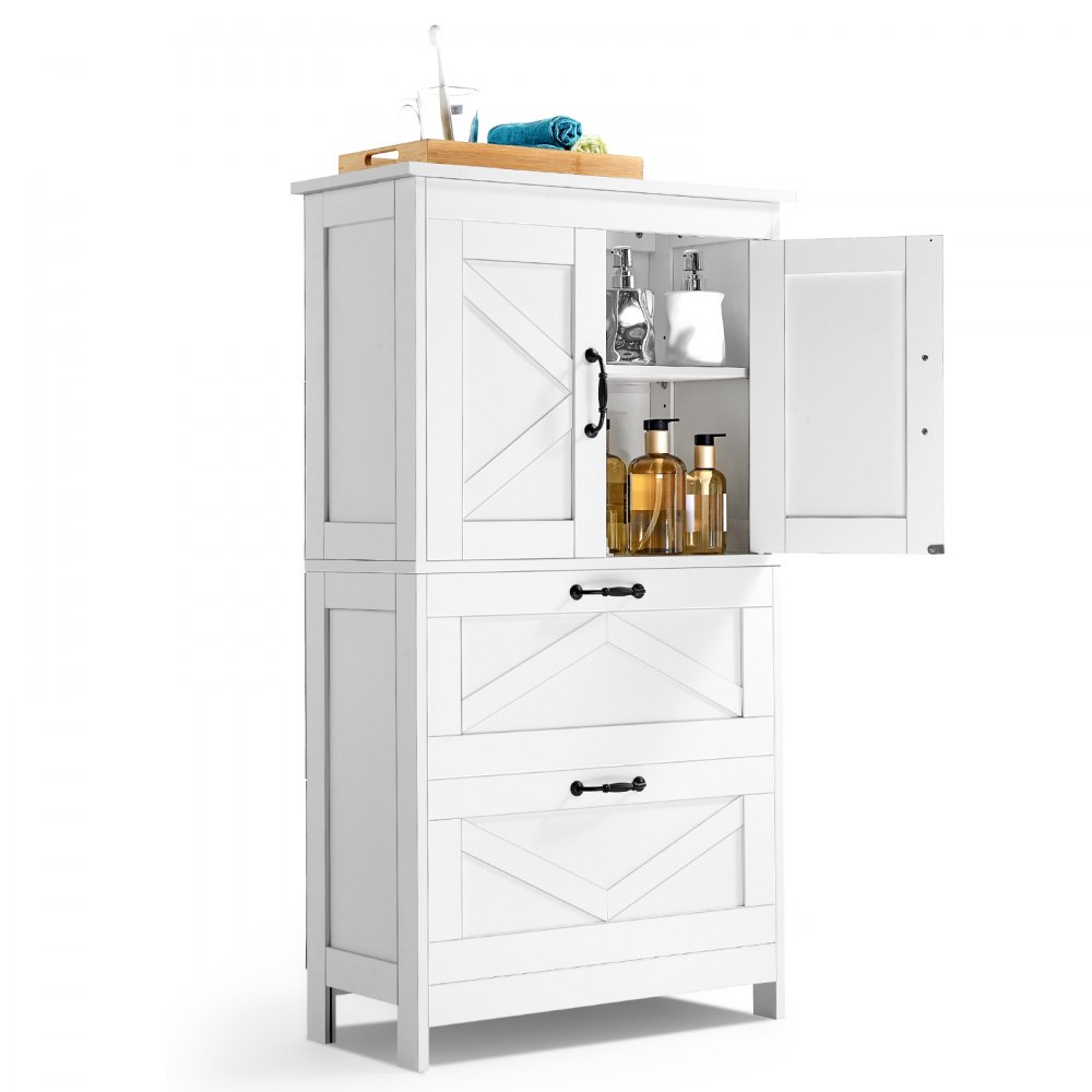 VEVOR Badezimmerschrank Badschrank 4-stufig aus Holz mit 2 Türen & 2 Schubladen & verstellbarem Regal, Bodenschrank für Küche/Wohnzimmer/Eingangsbereich, Aufbewahrungsschrank Küchenschrank weiß
