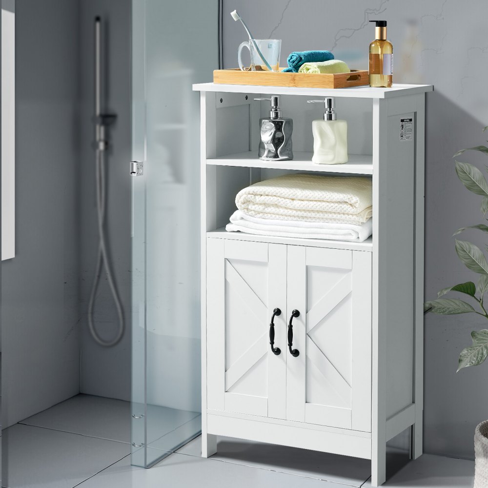 VEVOR Badezimmerschrank Badschrank 4-stufig aus Holz mit 2 Türen & verstellbarem Regal, Bodenschrank für Küche/Wohnzimmer/Eingangsbereich, freistehender Aufbewahrungsschrank Küchenschrank weiß