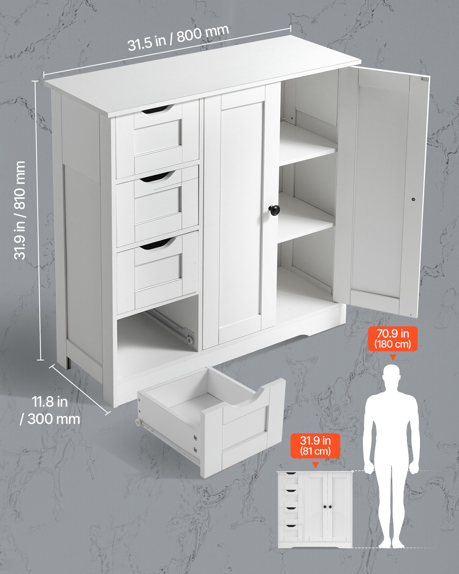 VEVOR Badezimmerschrank Badschrank 3-stufig aus Holz mit 2 Türen & 4 Schubladen & verstellbarem Regal, Bodenschrank für Küche/Wohnzimmer/Eingangsbereich, Aufbewahrungsschrank Küchenschrank weiß