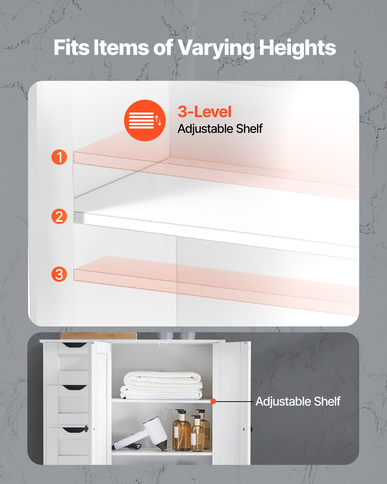 VEVOR Badezimmerschrank Badschrank 3-stufig aus Holz mit 2 Türen & 4 Schubladen & verstellbarem Regal, Bodenschrank für Küche/Wohnzimmer/Eingangsbereich, Aufbewahrungsschrank Küchenschrank weiß