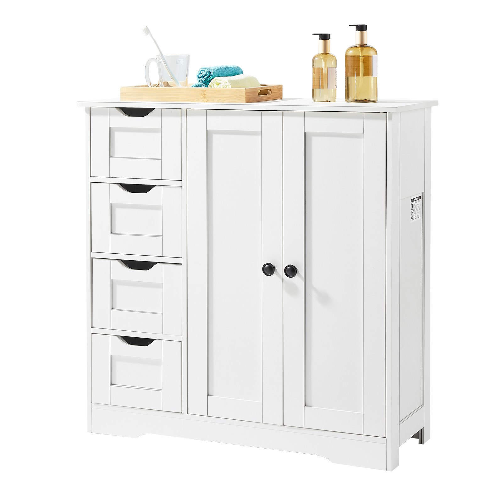 VEVOR Badezimmerschrank Badschrank 3-stufig aus Holz mit 2 Türen & 4 Schubladen & verstellbarem Regal, Bodenschrank für Küche/Wohnzimmer/Eingangsbereich, Aufbewahrungsschrank Küchenschrank weiß