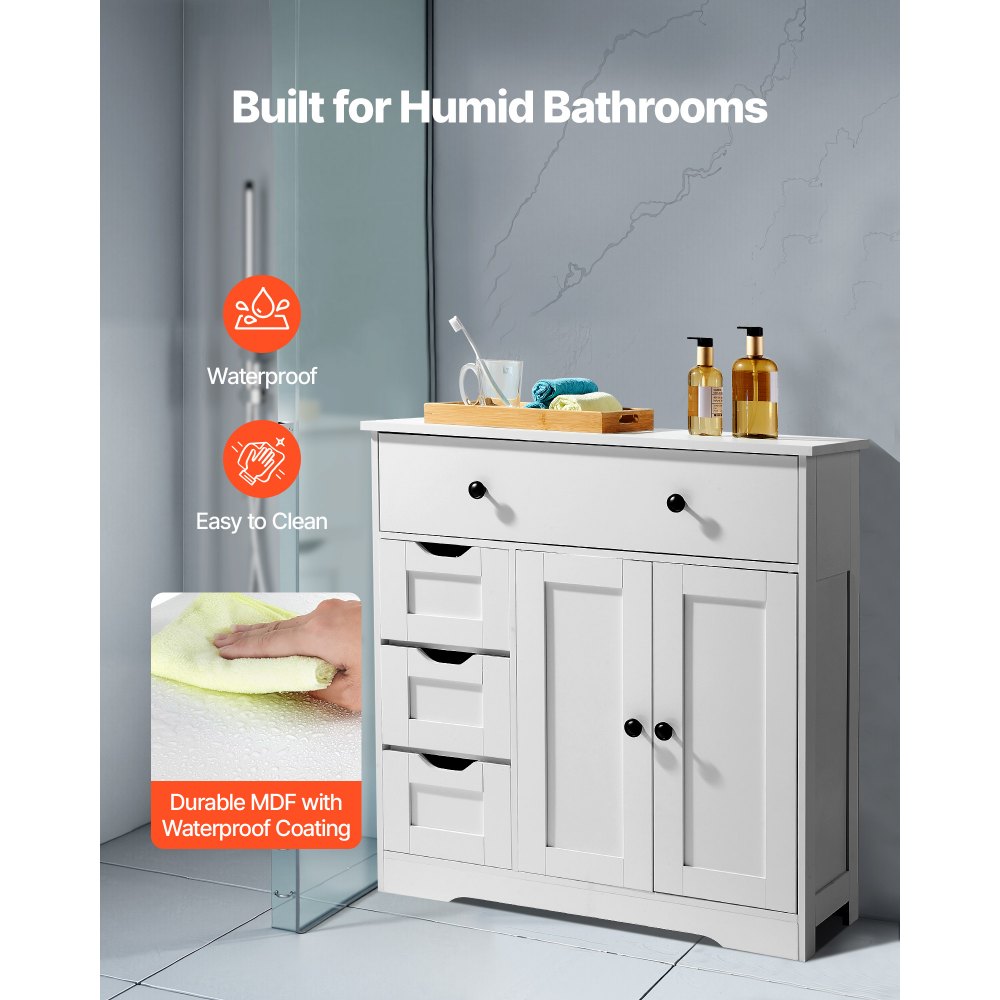 VEVOR Badezimmerschrank Badschrank 4-stufig aus Holz mit 2 Türen & 4 Schubladen & verstellbarem Regal, Bodenschrank für Küche/Wohnzimmer/Eingangsbereich, Aufbewahrungsschrank Küchenschrank weiß