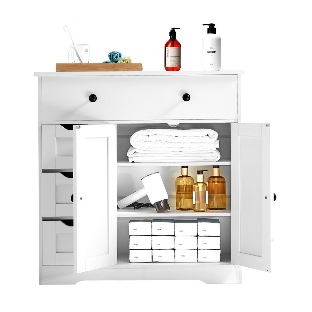 VEVOR Badezimmerschrank Badschrank 4-stufig aus Holz mit 2 Türen & 4 Schubladen & verstellbarem Regal, Bodenschrank für Küche/Wohnzimmer/Eingangsbereich, Aufbewahrungsschrank Küchenschrank weiß