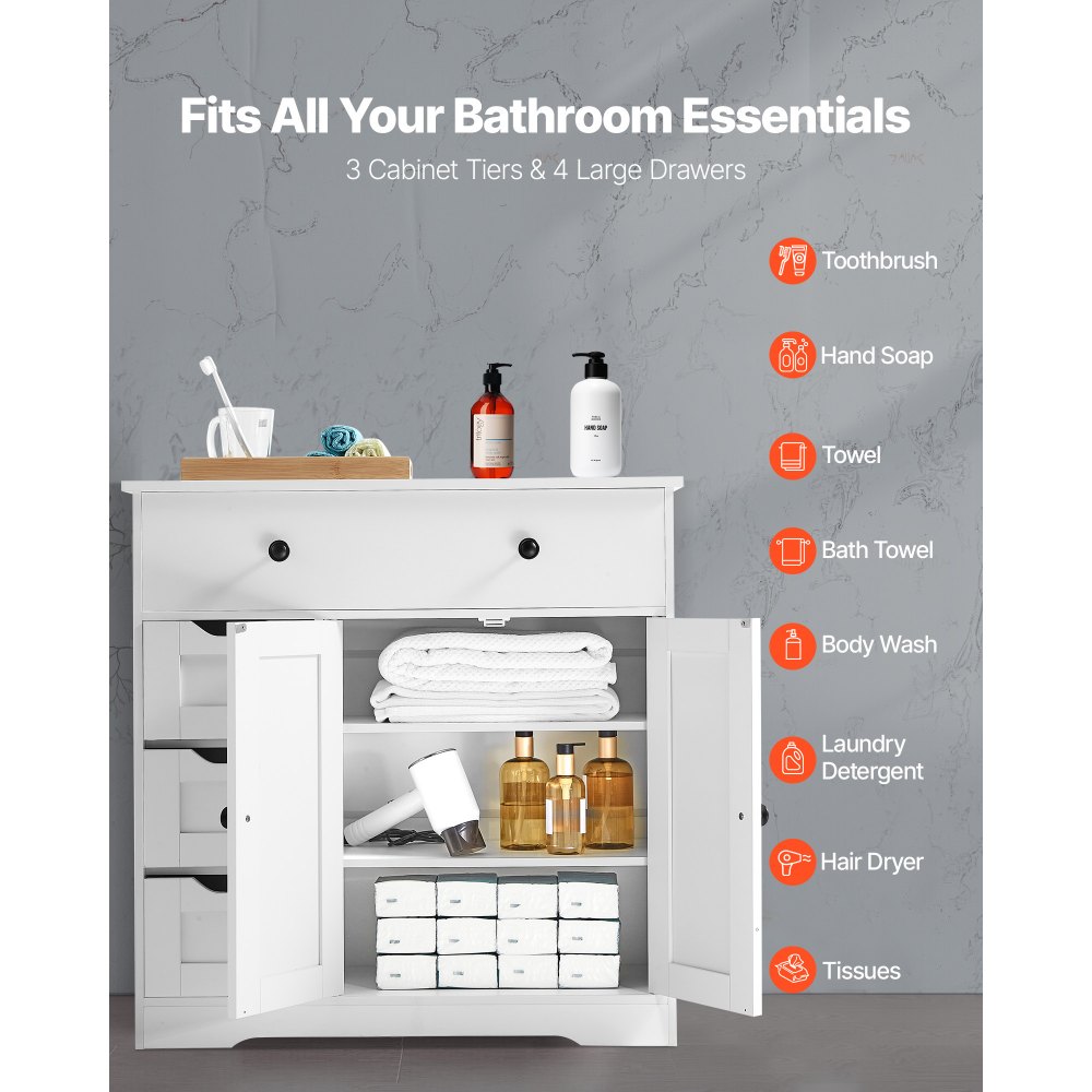 VEVOR Bathroom Floor Cabinet, 4-Tier, Wooden Storage Organizer with 2 Doors, 4 Drawers and Adjustable Shelf, Modern Home Furniture Freestanding Cupboard for Kitchen/Living Room/Entryway Use, White