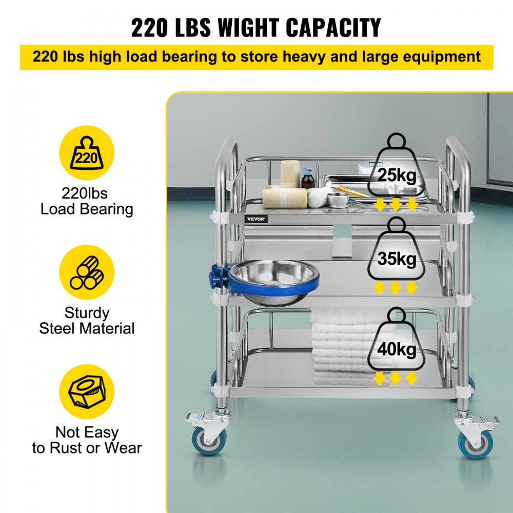 Vevor Laborwagen Edelstahlwagen 3 Schichten Abfallbecken 2 Schubladen Größe L