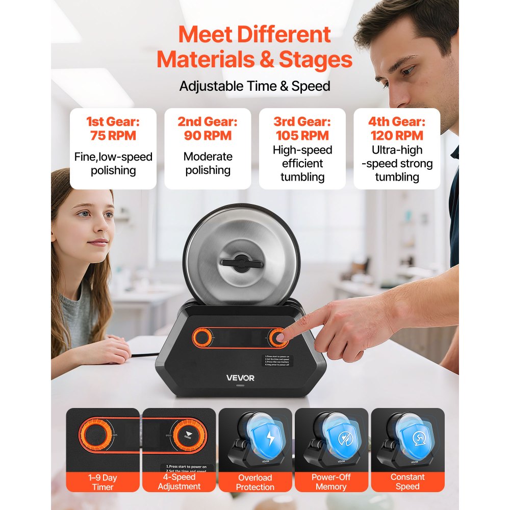 VEVOR elektrische Poliermaschine Steinpolierer 1,36 kg Tragkraft, 4 Drehzahlstufen, Steinpolierset mit Rohedelsteinen & Polierkörnern & 9-Tage-Poliertimer & intuitivem Bedienfeld, Schwarz