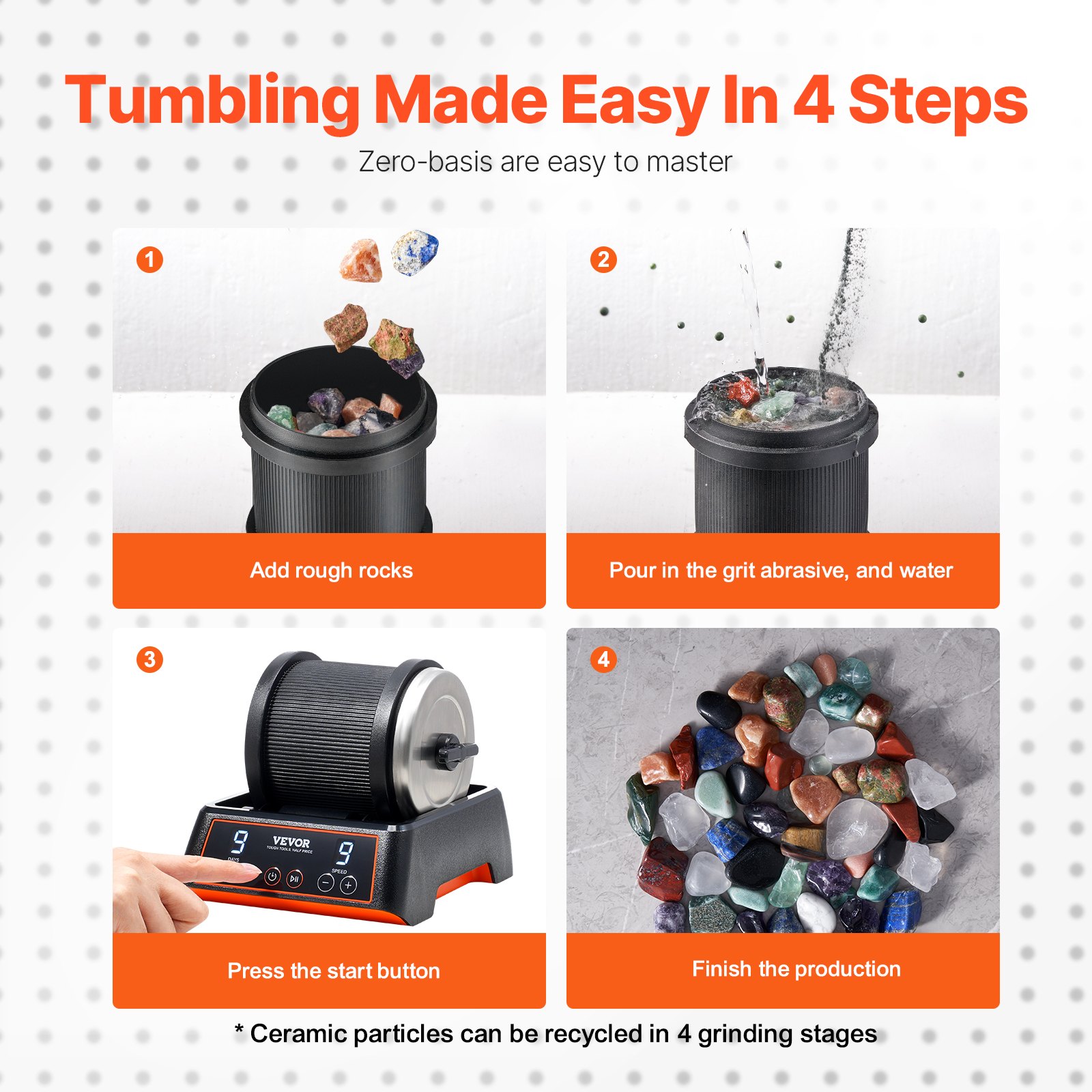 VEVOR Steinpolierset Steinpolierer 1,13 kg Kapazität 9 Geschwindigkeitsstufen, 9-Tage-Poliertimer Steinschleifmaschine mit groben Edelsteinen & Polierkörnern, Steinpolierer Liebhaber Schwarz
