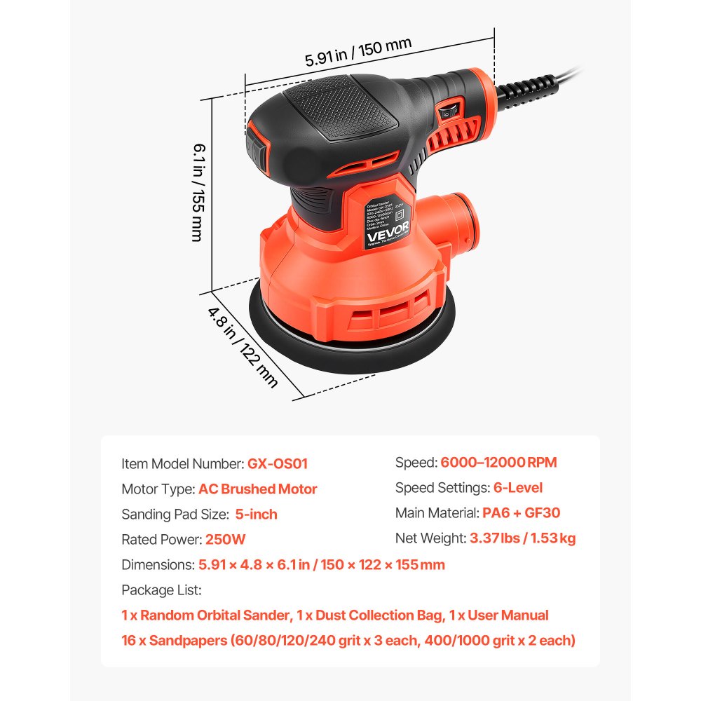 VEVOR 127mm Random Orbital Sander 250W Corded Orbital Sander, 6000-12000RPM 6 Speeds Electric Palm Sanders with 16PCS Sandpapers & Dust Collection Bag for Woodworking Detailing Sanding
