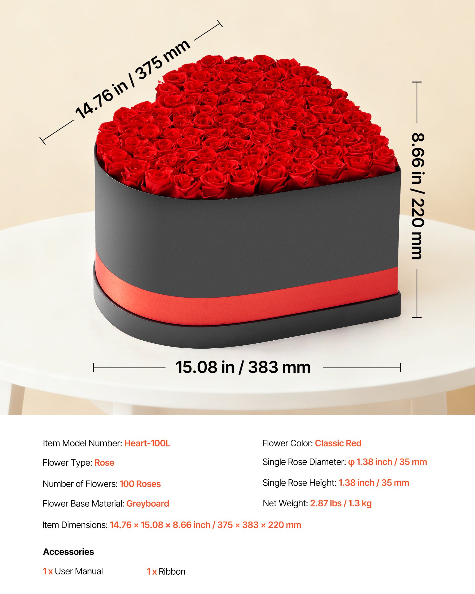 VEVOR 100 Stk. Ewige Rosen in Herzform Box, konservierter Blumenstrauß, Blumen Geschenkbox für ihre Frau, Mütter, Liebespartner, zur Hochzeit, zum Muttertag, Valentinstag, Weihnachten, Rot