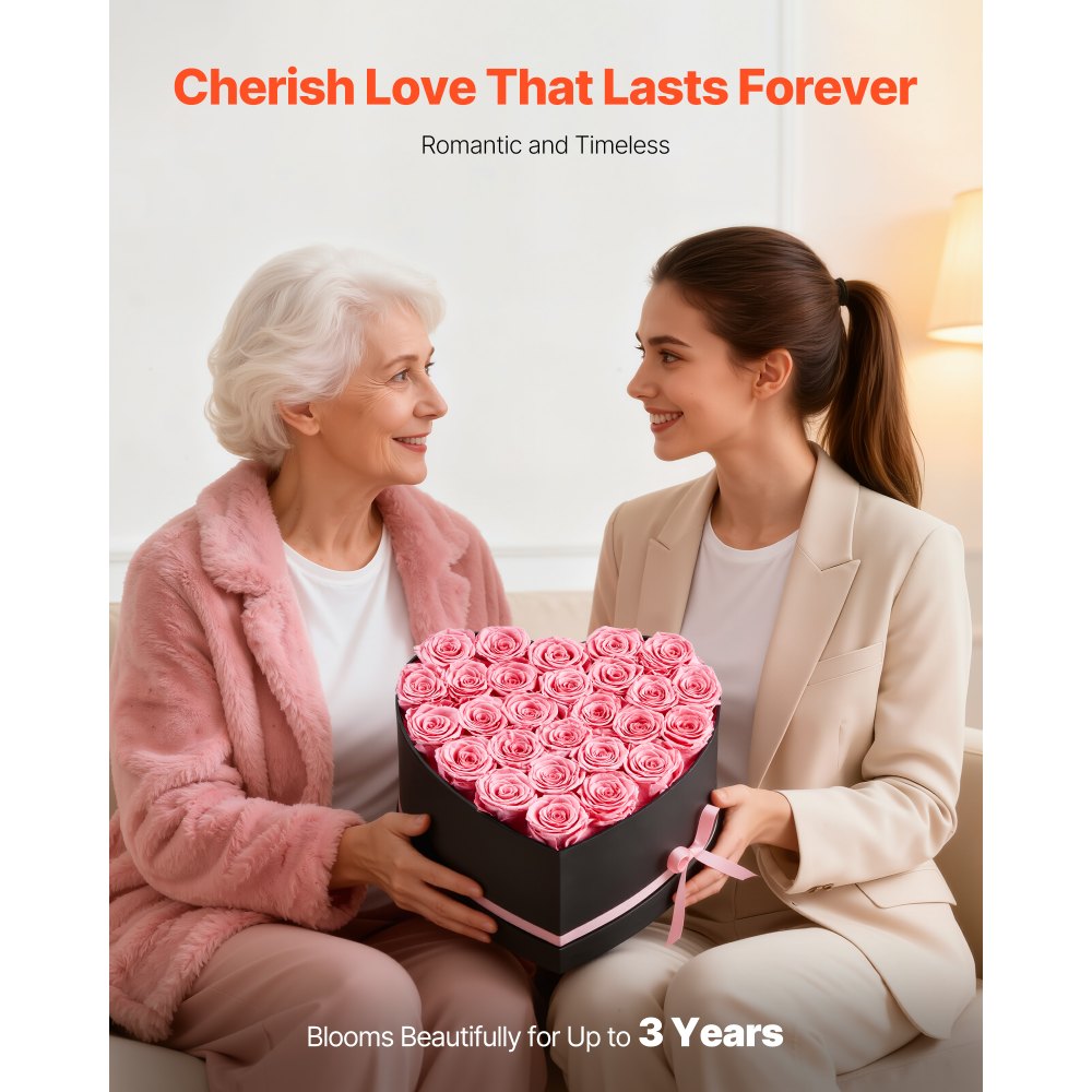 VEVOR Forever Flowers, 27 Preserved Roses in a Heart Shape Box, Eternal Flowers Immortal Bouquet Birthday Present for Women Her Wife Mothers, Anniversary, Valentine's Day,Christmas, Pink