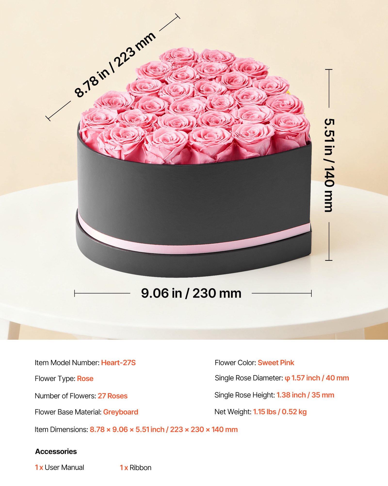 VEVOR Forever Flowers, 27 Preserved Roses in a Heart Shape Box, Eternal Flowers Immortal Bouquet Birthday Present for Women Her Wife Mothers, Anniversary, Valentine's Day,Christmas, Pink