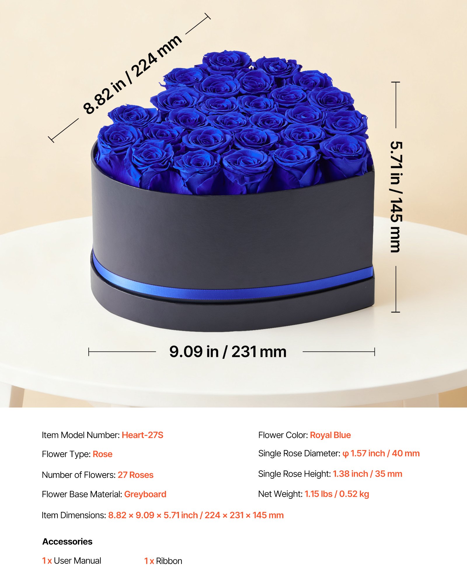 VEVOR 27x Ewige Rosen in Herzform Box, konservierter Blumenstrauß, Blumen Geschenkbox für ihre Frau, Mütter, Liebespartner, zur Hochzeit, zum Muttertag, Valentinstag, Weihnachten, Königsblau