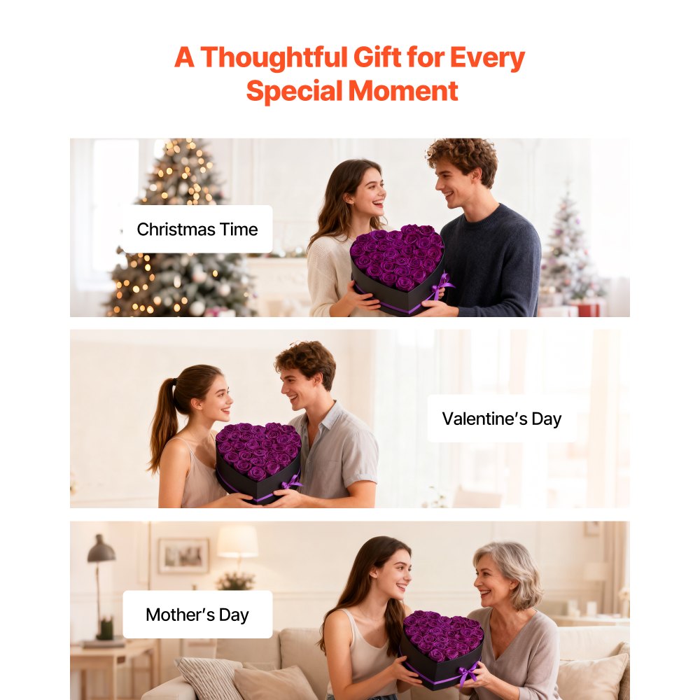 VEVOR 27x Ewige Rosen in Herzform Box, konservierter Blumenstrauß, Blumen Geschenkbox für ihre Frau, Mütter, Liebespartner, zur Hochzeit, zum Muttertag, Valentinstag, Weihnachten, dunkelviolett