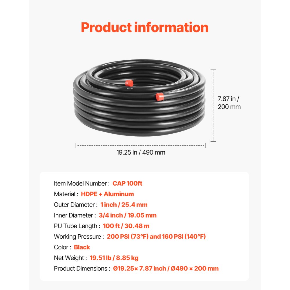 VEVOR Luftkompressor-Leitungssatz, 30,48 m x 19,05 mm Druckluftschlauch, HDPE-Aluminium-Druckluftrohrsystem, auslaufsicher, Druckluftleitungs-Schlauchsatz für Garagen und Werkstätten, schwarz