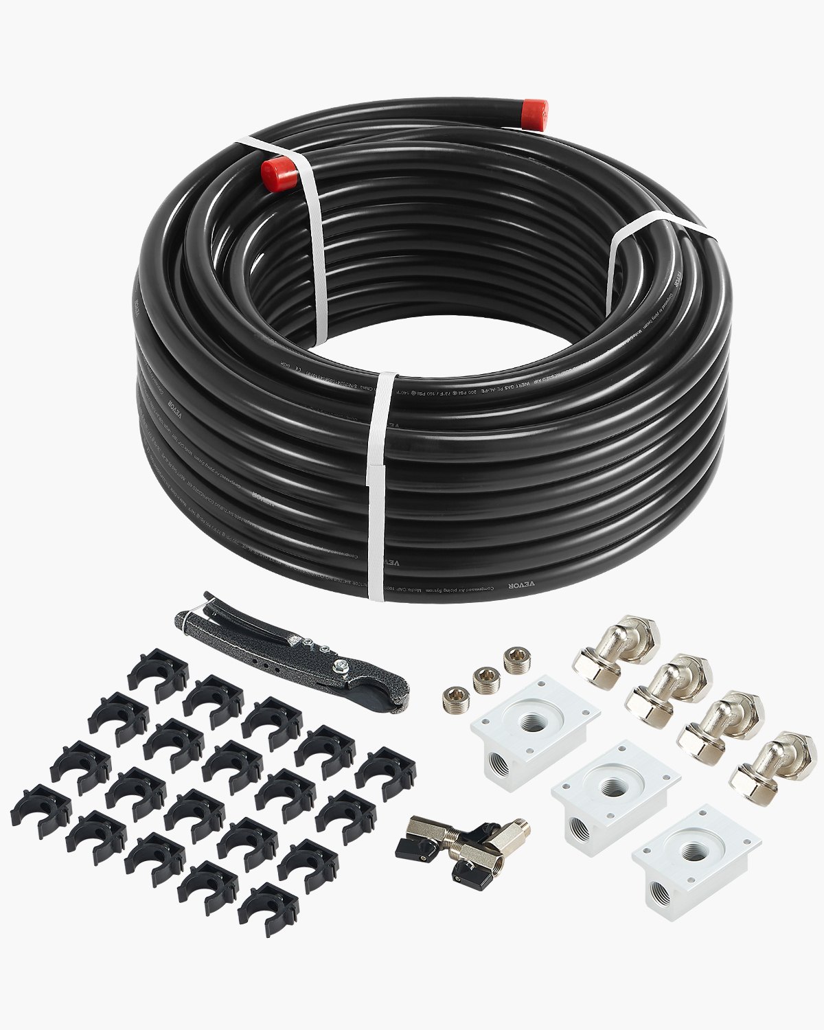 VEVOR Luftkompressor-Leitungssatz, 30,48 m x 19,05 mm Druckluftschlauch, HDPE-Aluminium-Druckluftrohrsystem, auslaufsicher, Druckluftleitungs-Schlauchsatz für Garagen und Werkstätten, schwarz