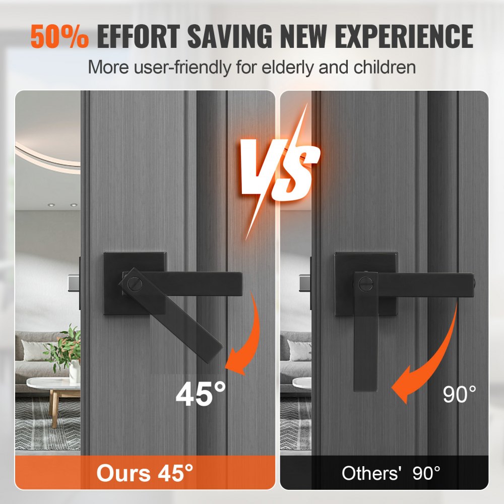 VEVOR Sichtschutz-Türgriff mattschwarzer Türhebel, links- oder rechtshändiger umkehrbarer Hebel mit Schloss, 45°-Drehung zum Öffnen, quadratischer Türbeschlag für Schlafzimmer Badezimmer