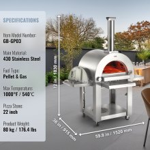 VEVOR 22" Outdoor-Pizzaofen, tragbarer Pellet-/Gasofen mit Rollen für Camping