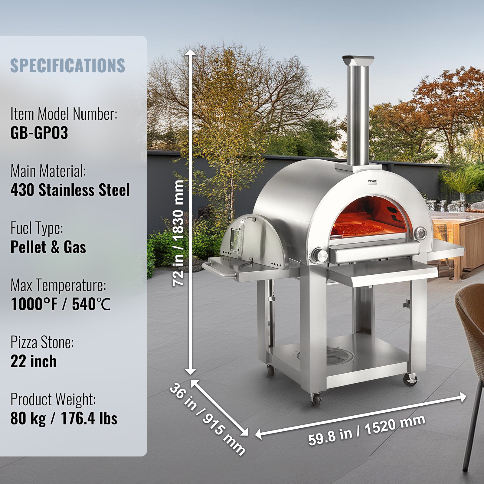 VEVOR Dual-Fuel-Pizzaofen für den Außenbereich, tragbarer 558mm Pizzaofen, pellet- und gasbetriebener Outdoor-Pizzaofen mit verdicktem Cordierit-Pizzastein, Rollbarer Pizzofen für Camping und Garten
