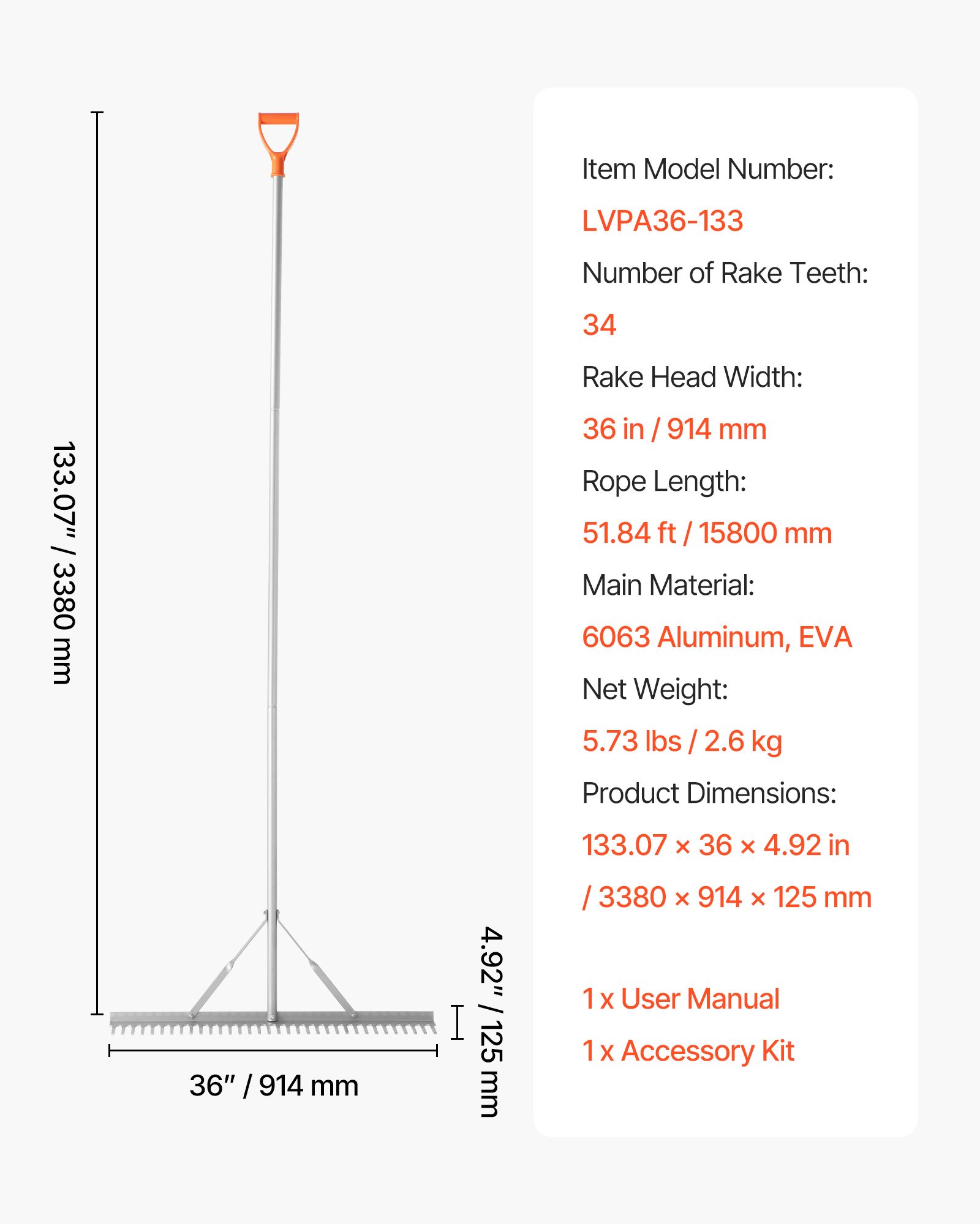 VEVOR Rechen Aluminium, 914 mm Kopf, 2590 mm Stiel, großes, Laubrechenwerkzeug für die Landschaftsgestaltung, Gartenrechen zum Auflockern von Erde, Garten & Hof, Teichkies & Strandrasenpflege