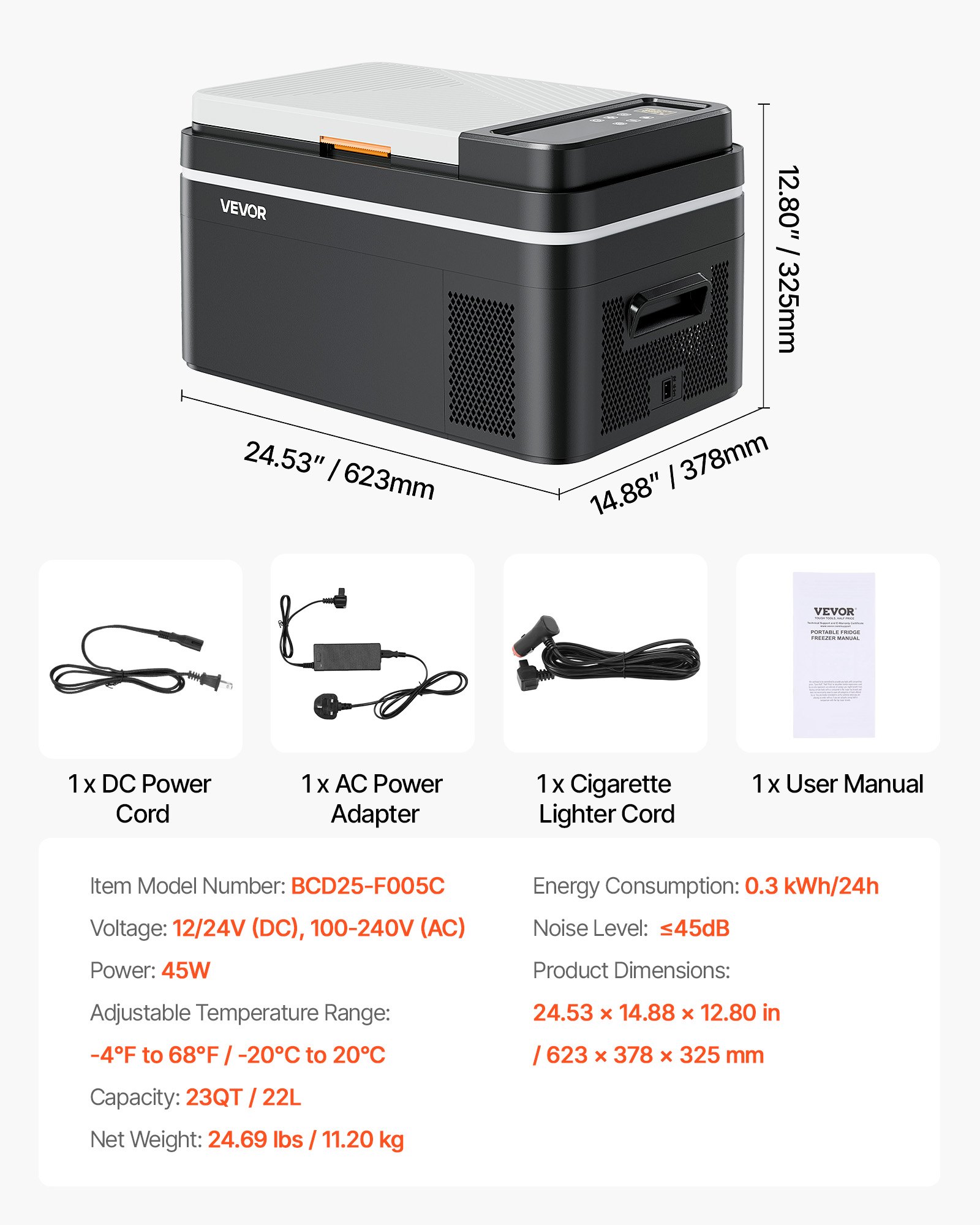 VEVOR Kompressor Kühlbox 22 L,12/24V DC Elektrische Gefrierbox mit App-Steuerung, 100–240 V AC Autokühlschrank für Camping Reisen Lastkraftwagen Angeln, 45 W Thermoelektrische Kühlbox Tragbar