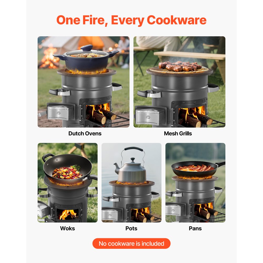 VEVOR Raketenofen, BBQ Rakete Holzofen mit Tragetasche, SPCC-Stahl, Doppeltür, zum Verbrennen von Zweigen, Stöcken oder Holzkohle zum Outdoor Kochen, Camping Outdoor-Campingkocher, Campinggrill