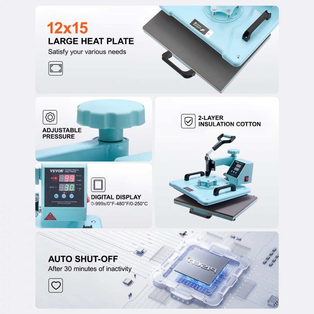 VEVOR Hitzepresse, 12 x 15 Zoll, 5-in-1-Wärmeübertragungsmaschine mit 30-oz-Tumbler-Presse, 360° wegschwenkbares T-Shirt-Pressen, digitale präzise Steuerung, für T-Shirts/Tassen/Hüte/Teller, grün