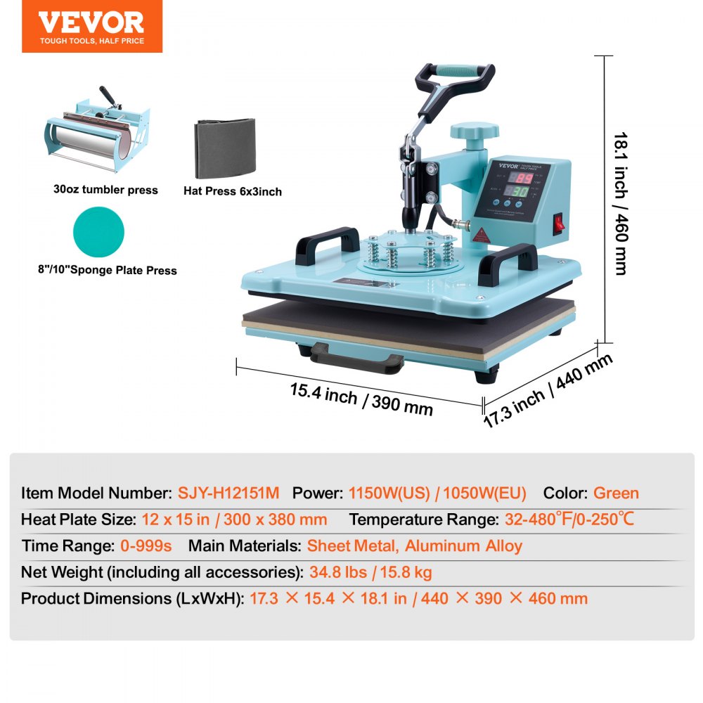 VEVOR Hitzepresse, 12 x 15 Zoll, 5-in-1-Wärmeübertragungsmaschine mit 30-oz-Tumbler-Presse, 360° wegschwenkbares T-Shirt-Pressen, digitale präzise Steuerung, für T-Shirts/Tassen/Hüte/Teller, grün