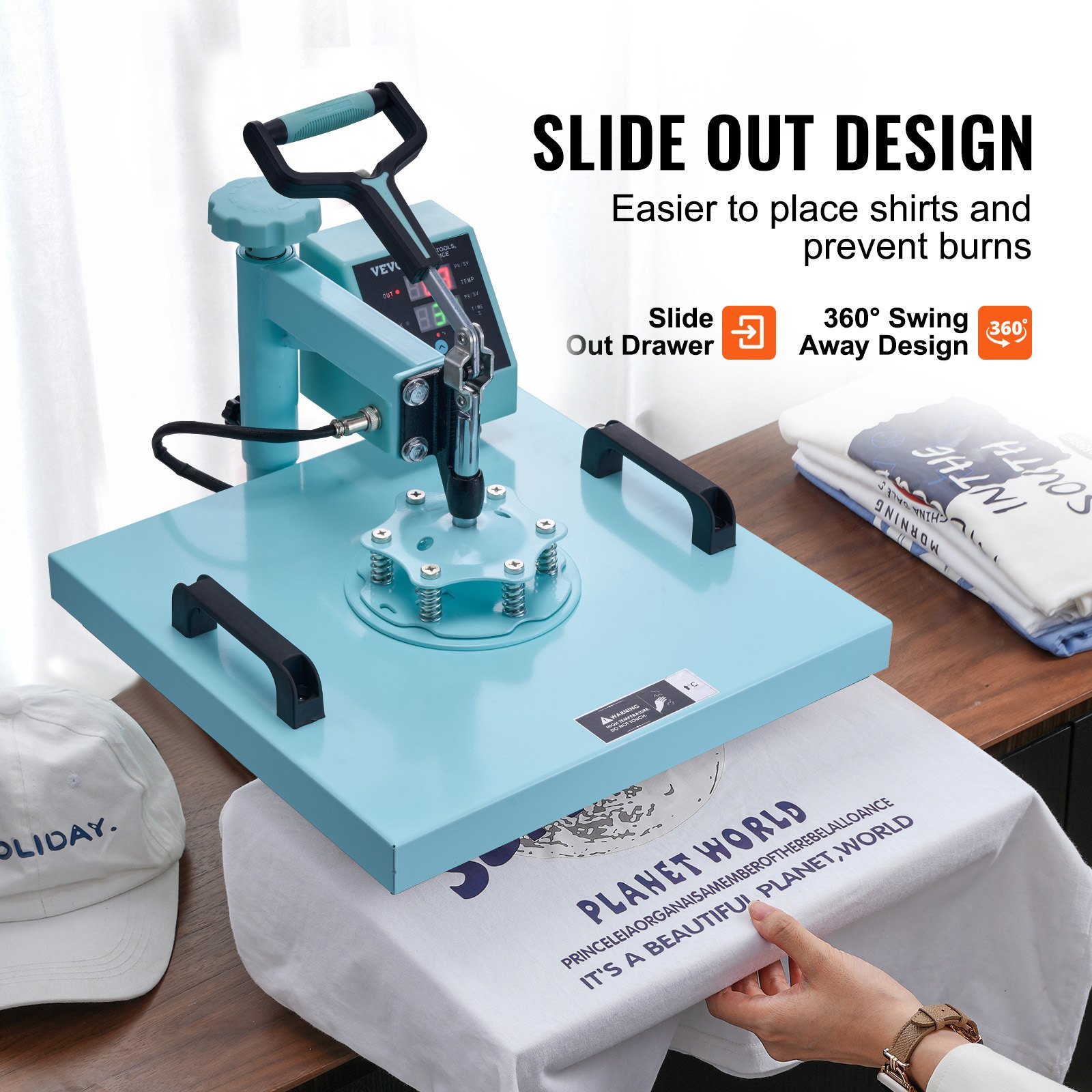 VEVOR Hitzepresse, 15 x 15 Zoll, 5-in-1-Wärmeübertragungsmaschine mit 30-oz-Tumbler-Presse, 360° wegschwenkbares T-Shirt-Pressen, digitale präzise Steuerung, für T-Shirts/Tassen/Hüte/Teller, grün